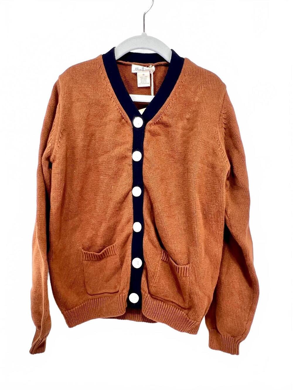 Olive Juice Unisex Size XLCardigan Sweater in Pecan w/ Deep Magic Navy Trim NWT